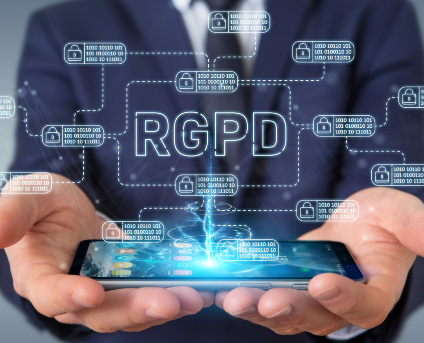 Businessman protecting his datas with GDPR law interface